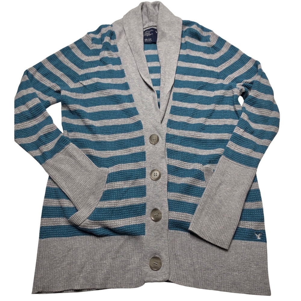 American Eagle Blue Gray Striped Shawl Collar Cardigan Sweater XXL Waffle Knit